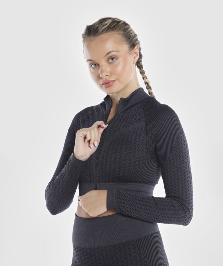 Women Signature Seamless Crop Top with Zipper Black Image 1