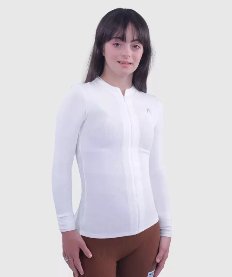 Women Collarless Top With &frac34; Zipper White Image 1